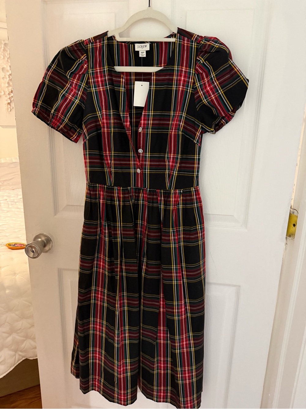 J. Crew Black Plaid Midi Dress with Red and Yellow Accents